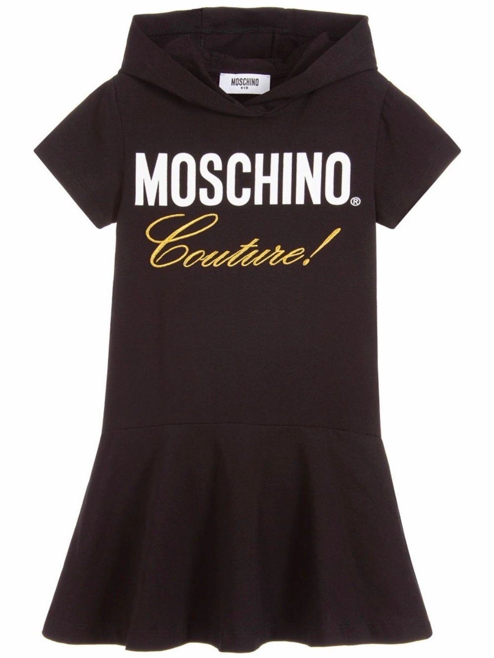 Moschino Black Hooded Logo Dress with Gold Script